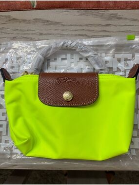 Longchamp Neon Yellow Small Tote with Brown Trim